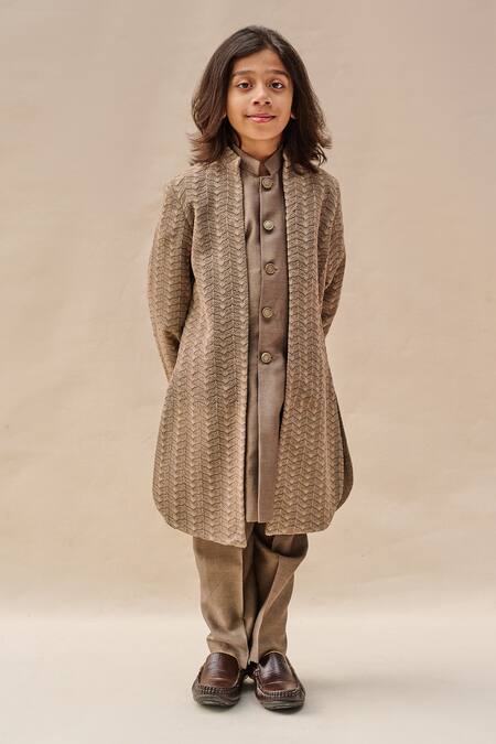 Buy_All Boy Couture_Grey Silk Embroidery Thread Achkan And Kurta Set_Online_at_Aza_Fashions
