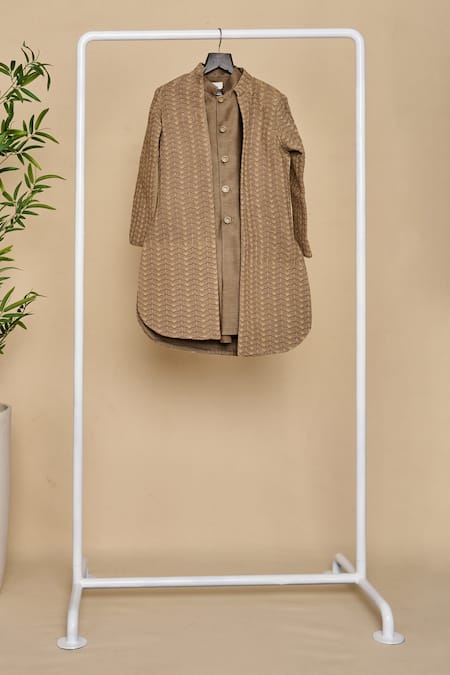 Shop_All Boy Couture_Grey Silk Embroidery Thread Achkan And Kurta Set_Online_at_Aza_Fashions