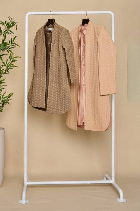 All Boy Couture_Grey Silk Embroidery Thread Achkan And Kurta Set_at_Aza_Fashions