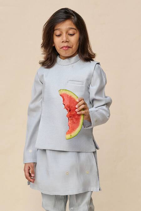 All Boy Couture Blue Silk Embroidery, Gota Patti Thread Bundi And Kurta Set Online at Aza Fashions All Boy Couture_Blue Silk Embroidery, Gota Patti Thread Bundi And Kurta Set_Online_at_Aza_Fashions