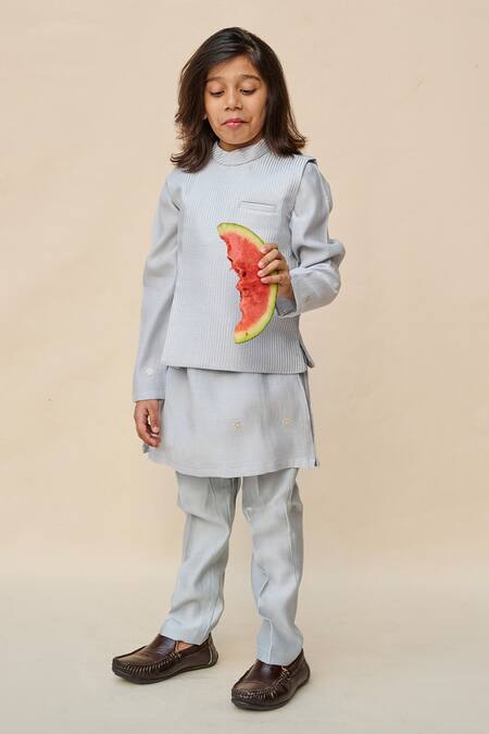Shop All Boy Couture Blue Silk Embroidery, Gota Patti Thread Bundi And Kurta Set at Aza Fashions Shop_All Boy Couture_Blue Silk Embroidery, Gota Patti Thread Bundi And Kurta Set_at_Aza_Fashions