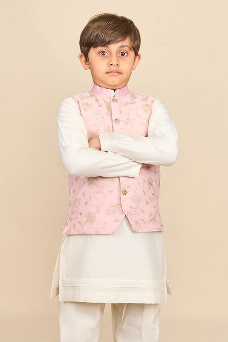 Buy_All Boy Couture_Pink Silk Zari Work Bundi Jacket And Kurta Set_Online_at_Aza_Fashions