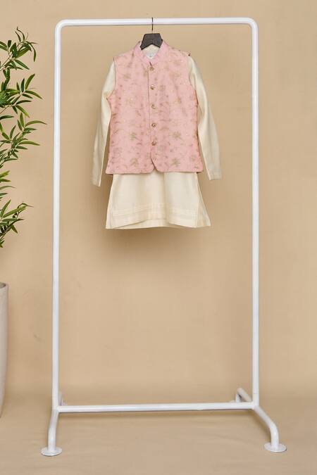 Shop_All Boy Couture_Pink Silk Zari Work Bundi Jacket And Kurta Set_Online_at_Aza_Fashions