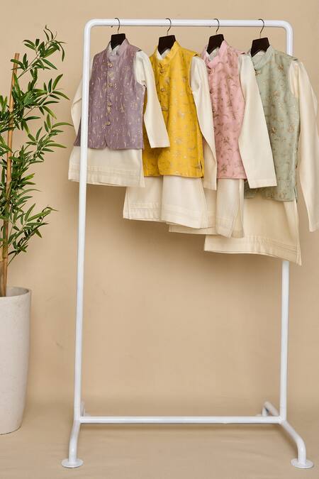 All Boy Couture_Pink Silk Zari Work Bundi Jacket And Kurta Set_at_Aza_Fashions