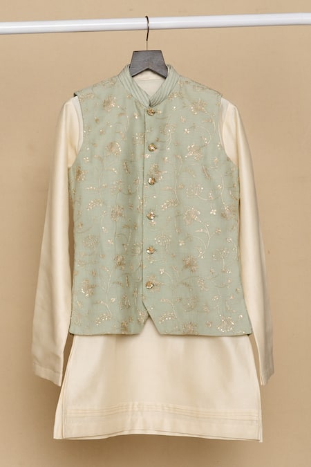 All Boy Couture Silk Floral Pattern Bundi & Kurta Set 