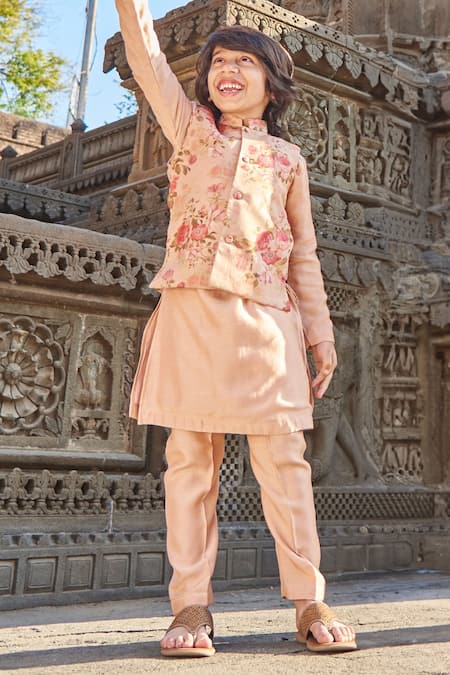 All Boy Couture Floral Print Cotton Silk Bundi Kurta Set 