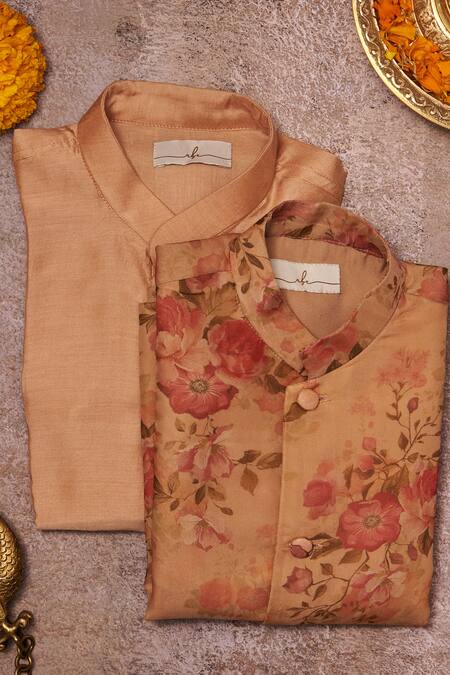 All Boy Couture_Pink Cotton, Silk Embroidery Floral Print Bundi Kurta Set _Online_at_Aza_Fashions