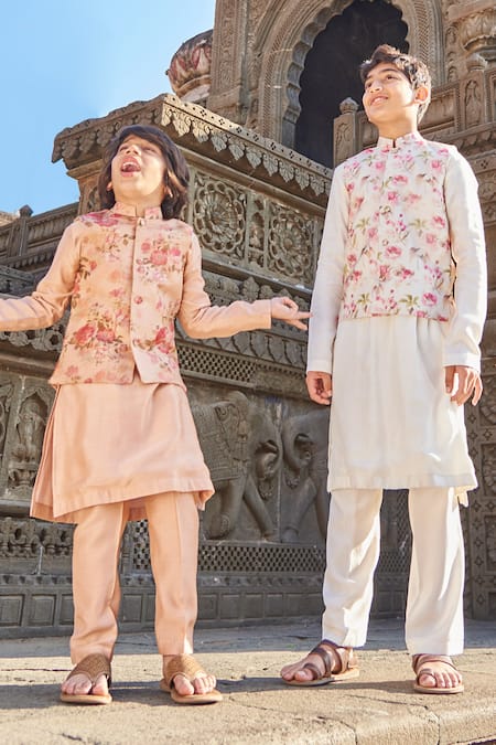 Buy_All Boy Couture_Pink Cotton, Silk Embroidery Floral Print Bundi Kurta Set _Online_at_Aza_Fashions