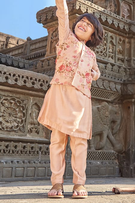 Shop_All Boy Couture_Pink Cotton, Silk Embroidery Floral Print Bundi Kurta Set _Online_at_Aza_Fashions
