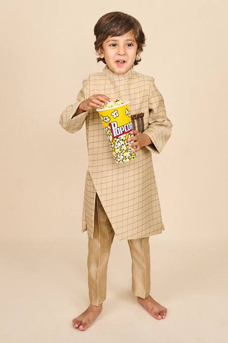 Shop All Boy Couture Brown Chanderi Brooches Checkered Handwoven Pattern Achkan Set at Aza Fashions Shop_All Boy Couture_Brown Chanderi Brooches Checkered Handwoven Pattern Achkan Set_at_Aza_Fashions