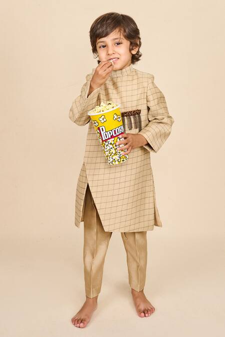 All Boy Couture Brown Chanderi Brooches Checkered Handwoven Pattern Achkan Set Online at Aza Fashions All Boy Couture_Brown Chanderi Brooches Checkered Handwoven Pattern Achkan Set_Online_at_Aza_Fashions