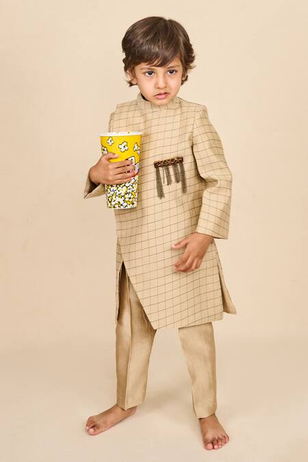 Shop All Boy Couture Brown Chanderi Brooches Checkered Handwoven Pattern Achkan Set Online at Aza Fashions Shop_All Boy Couture_Brown Chanderi Brooches Checkered Handwoven Pattern Achkan Set_Online_at_Aza_Fashions