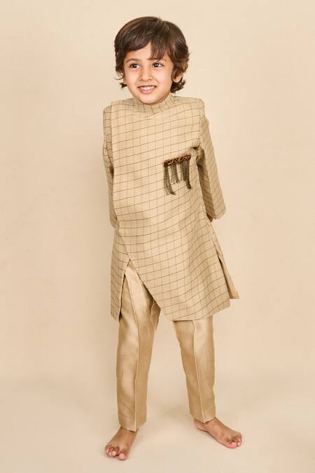 All Boy Couture Brown Chanderi Brooches Checkered Handwoven Pattern Achkan Set at Aza Fashions All Boy Couture_Brown Chanderi Brooches Checkered Handwoven Pattern Achkan Set_at_Aza_Fashions