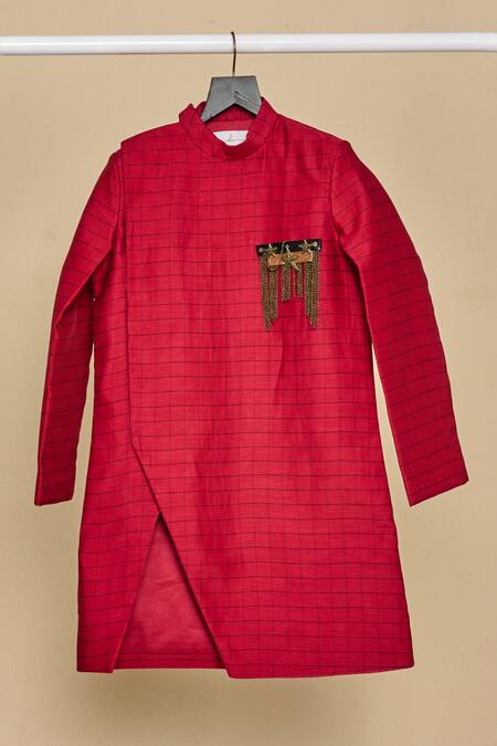 All Boy Couture_Red Chanderi, Cotton Berry Handwoven Checkered Achkan Set_Online_at_Aza_Fashions