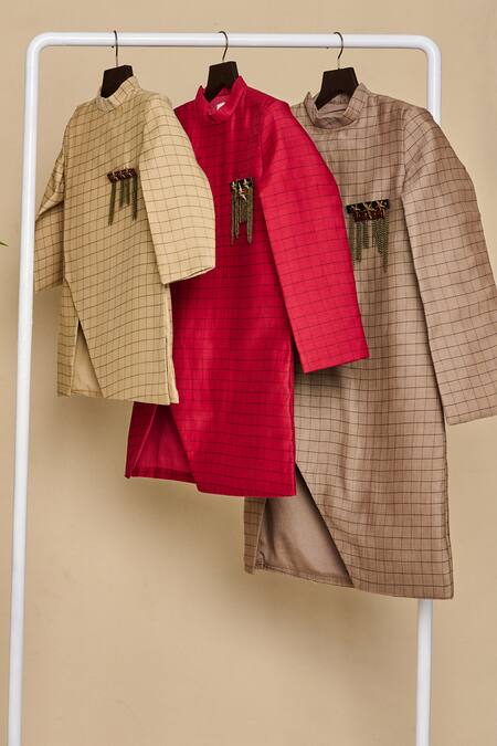 Buy_All Boy Couture_Red Chanderi, Cotton Berry Handwoven Checkered Achkan Set_Online_at_Aza_Fashions