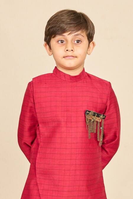 Shop_All Boy Couture_Red Chanderi, Cotton Berry Handwoven Checkered Achkan Set_Online_at_Aza_Fashions