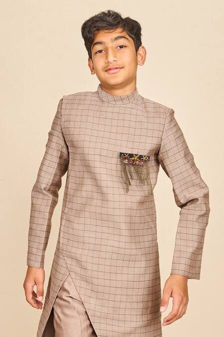 All Boy Couture_Grey Chanderi, Cotton Brooches Checkered Pattern Handwoven Achkan Set_Online_at_Aza_Fashions