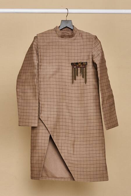 Buy_All Boy Couture_Grey Chanderi, Cotton Brooches Checkered Pattern Handwoven Achkan Set_Online_at_Aza_Fashions