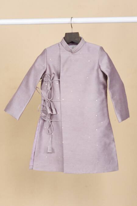 All Boy Couture_Purple Chanderi, Cotton Mirrors Mukaish Embroidered Angrakha Set _Online_at_Aza_Fashions