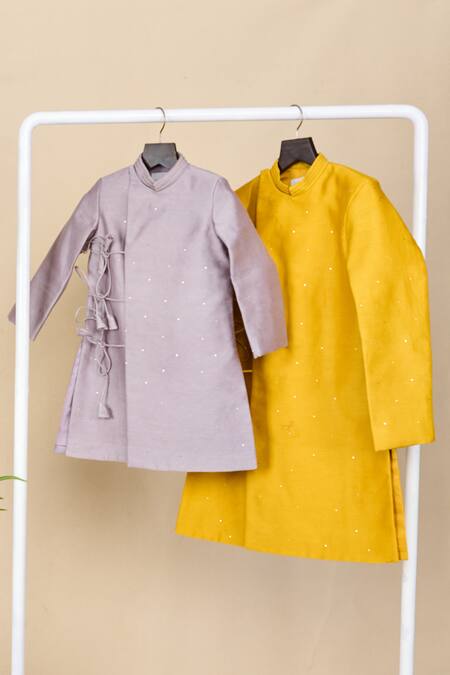 Buy_All Boy Couture_Purple Chanderi, Cotton Mirrors Mukaish Embroidered Angrakha Set _Online_at_Aza_Fashions