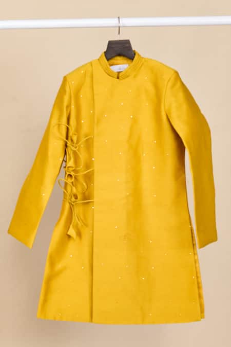 All Boy Couture_Yellow Chanderi, Cotton Mirrors Mukaish Work Angrakha Achkan Set _Online_at_Aza_Fashions