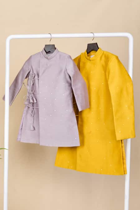 Buy_All Boy Couture_Yellow Chanderi, Cotton Mirrors Mukaish Work Angrakha Achkan Set _Online_at_Aza_Fashions