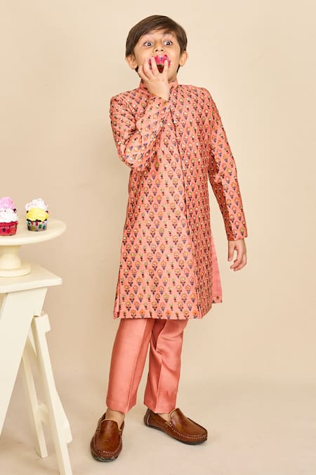 All Boy Couture Peach Jaipuri Bloom Print Achkan Set 