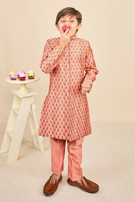 All Boy Couture_Peach Chanderi, Cotton Sequins, Embroidery Jaipuri Bloom Print Achkan Set _Online_at_Aza_Fashions
