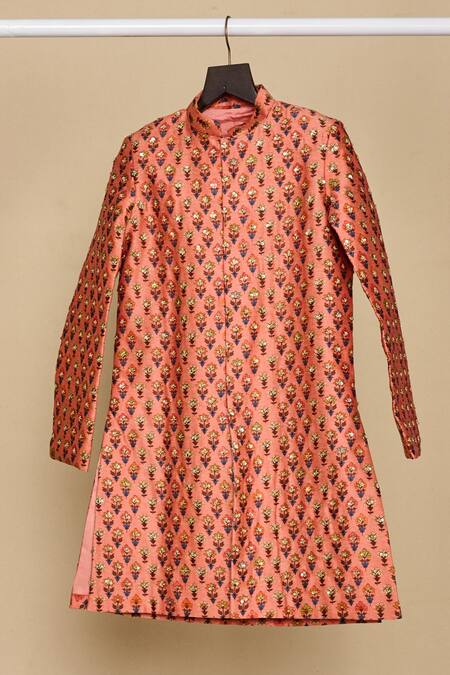 Buy_All Boy Couture_Peach Chanderi, Cotton Sequins, Embroidery Jaipuri Bloom Print Achkan Set _Online_at_Aza_Fashions