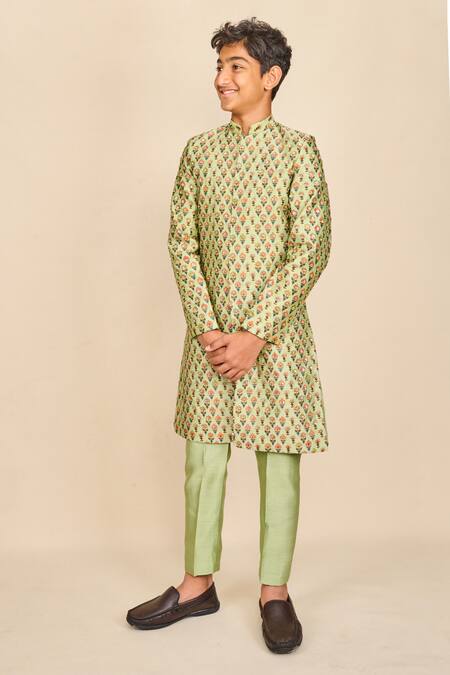 All Boy Couture_Green Chanderi, Cotton Sequins Jaipuri Botanic Print Achkan Set _Online_at_Aza_Fashions