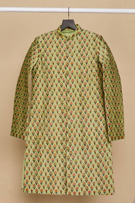 Buy_All Boy Couture_Green Chanderi, Cotton Sequins Jaipuri Botanic Print Achkan Set _Online_at_Aza_Fashions