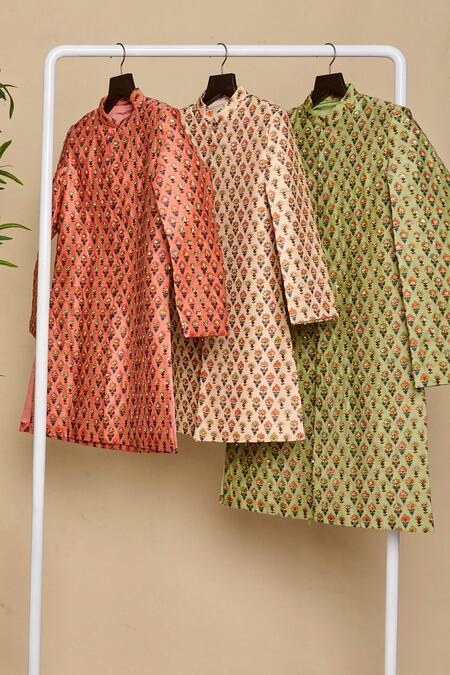 Shop_All Boy Couture_Green Chanderi, Cotton Sequins Jaipuri Botanic Print Achkan Set _Online_at_Aza_Fashions