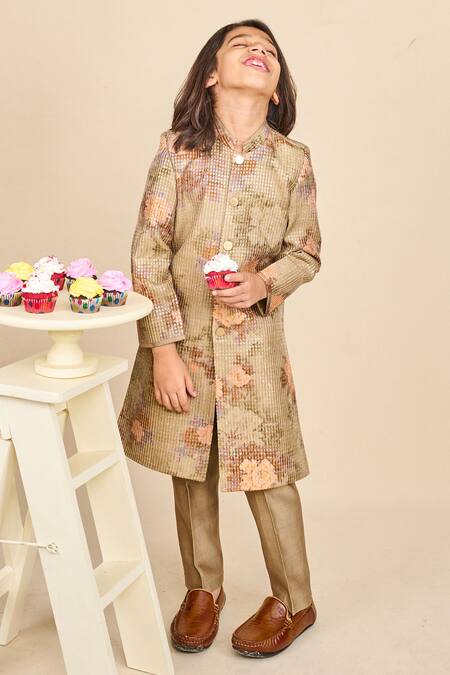 All Boy Couture_Green Silk Sequins Floral Print Achkan Set _Online_at_Aza_Fashions