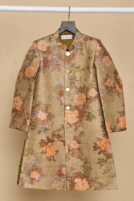 Buy_All Boy Couture_Green Silk Sequins Floral Print Achkan Set _Online_at_Aza_Fashions