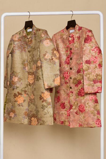 Shop_All Boy Couture_Green Silk Sequins Floral Print Achkan Set _Online_at_Aza_Fashions