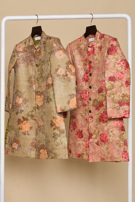 Buy_All Boy Couture_Coral Silk Sequins Botanical Print Achkan Set_Online_at_Aza_Fashions