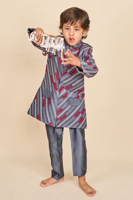 All Boy Couture Thread Embroidered Navy Blue Achkan Set 