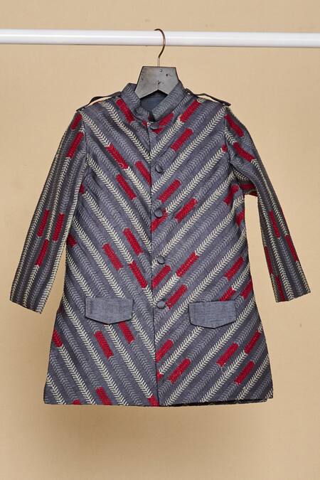 All Boy Couture_Blue Silk Embroidery Thread Navy Achkan Set _Online_at_Aza_Fashions