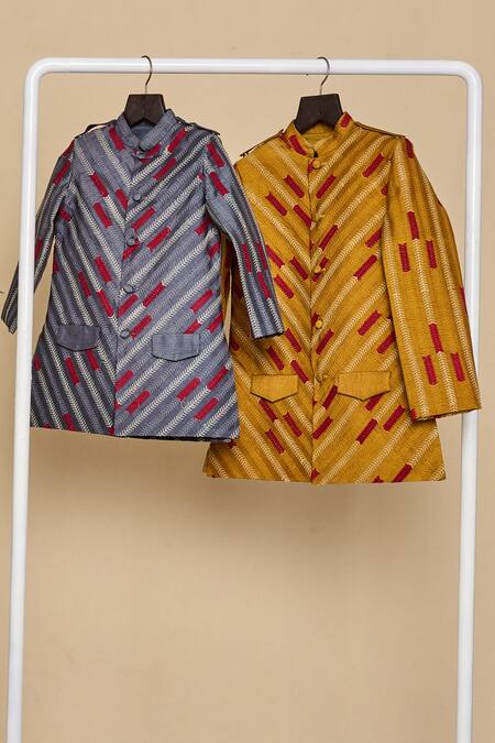 Buy_All Boy Couture_Blue Silk Embroidery Thread Navy Achkan Set _Online_at_Aza_Fashions