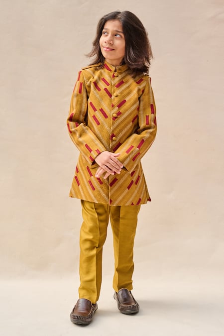 All Boy Couture Striped Thread Embroidered Achkan Set 