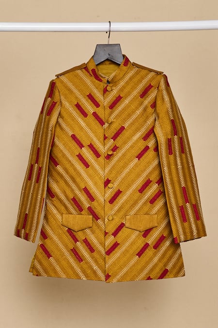 All Boy Couture_Yellow Silk Embroidery Striped Thread Achkan Set _Online_at_Aza_Fashions