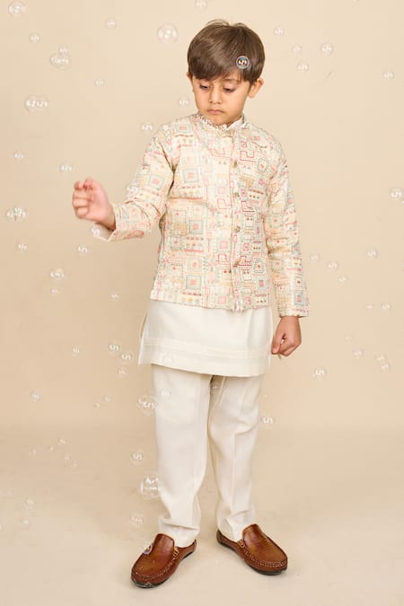 All Boy Couture_White Cotton, Muslin Sequins, Embroidery Thread And Achkan Set _Online_at_Aza_Fashions