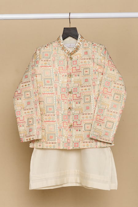 Buy_All Boy Couture_White Cotton, Muslin Sequins, Embroidery Thread And Achkan Set _Online_at_Aza_Fashions