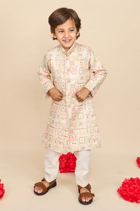 All Boy Couture_White Cotton, Muslin Embroidery, Sequins Bandhgala Kurta Set _Online_at_Aza_Fashions