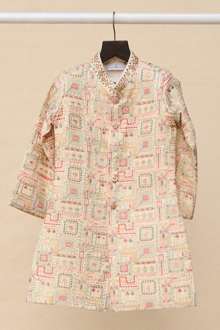 Buy_All Boy Couture_White Cotton, Muslin Embroidery, Sequins Bandhgala Kurta Set _Online_at_Aza_Fashions