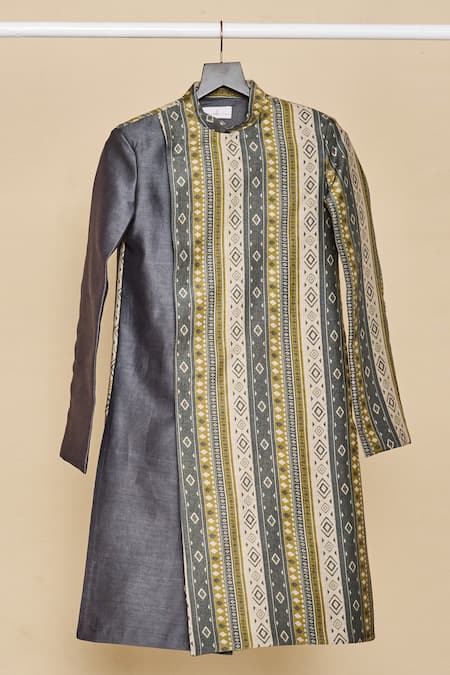 All Boy Couture_Gray Cotton Tribal Stripe Print Achkan Set _Online_at_Aza_Fashions