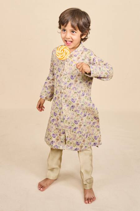 All Boy Couture_Purple Chanderi, Cotton Floral Print Kurta Set_Online_at_Aza_Fashions