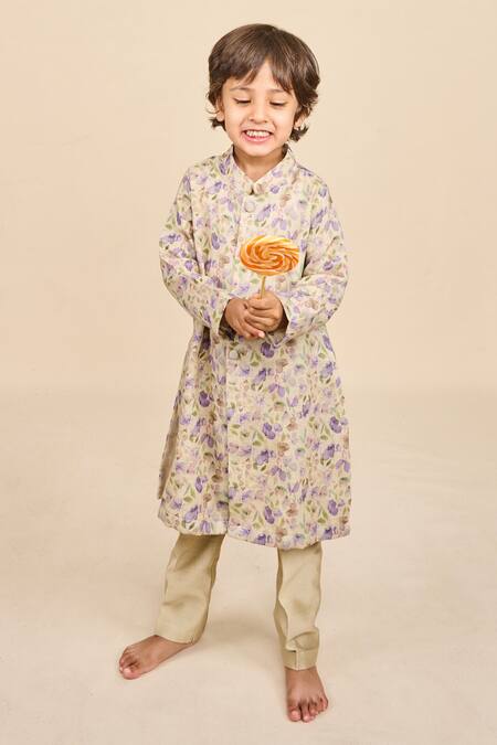 Buy_All Boy Couture_Purple Chanderi, Cotton Floral Print Kurta Set_Online_at_Aza_Fashions