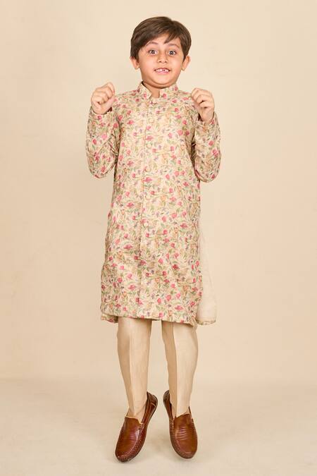 Shop All Boy Couture Coral Chanderi, Cotton Embroidery Botanical Print Kurta Set at Aza Fashions Shop_All Boy Couture_Coral Chanderi, Cotton Embroidery Botanical Print Kurta Set_at_Aza_Fashions