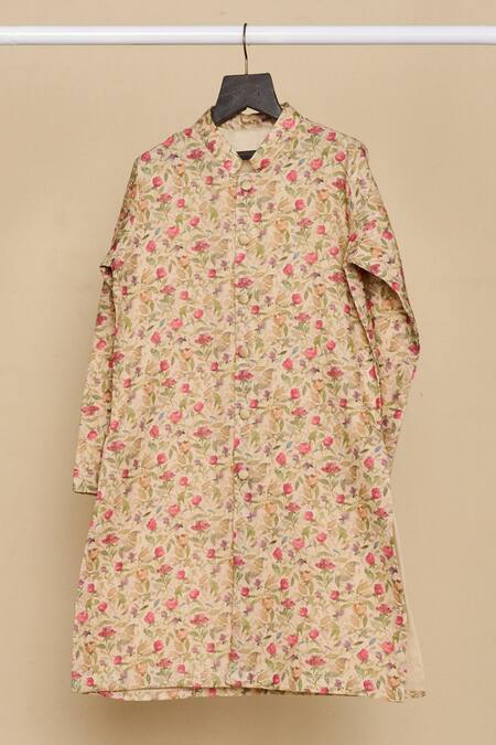 All Boy Couture_Coral Chanderi, Cotton Embroidery Botanical Print Kurta Set_Online_at_Aza_Fashions